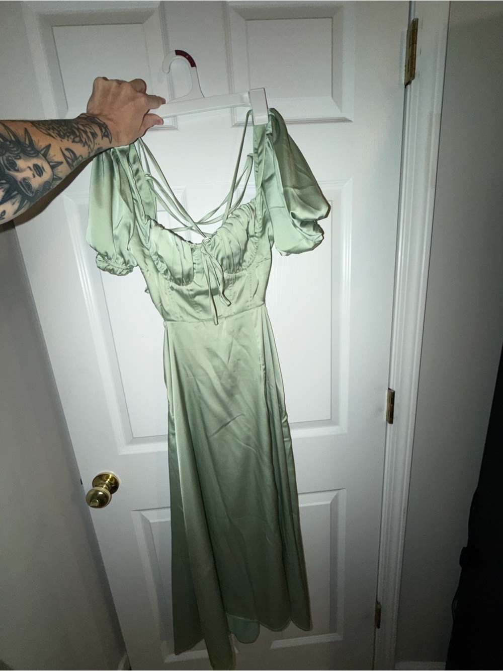Cider Satin Midi Dress in Sage Green